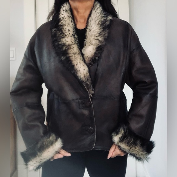 New Vintage European 90s Y2K brown leather shearling crop short jacket S Small - Picture 2 of 11